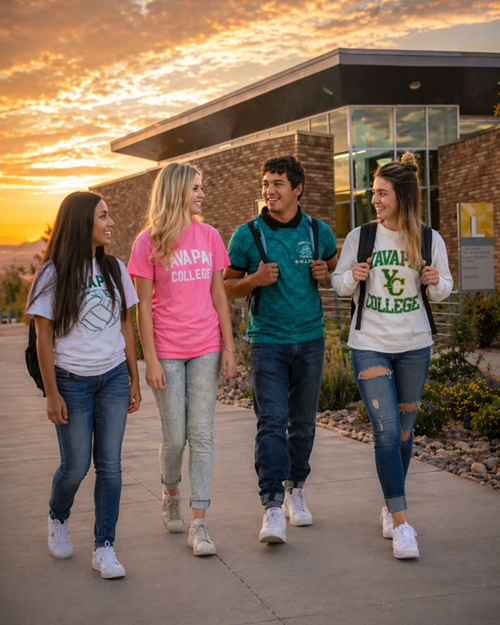 Yavapai College students walking together on campus during golden hour