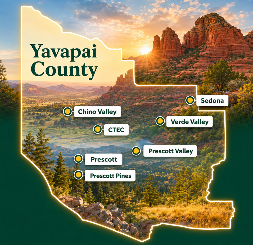 Map showing Yavapai College locations across Yavapai County
