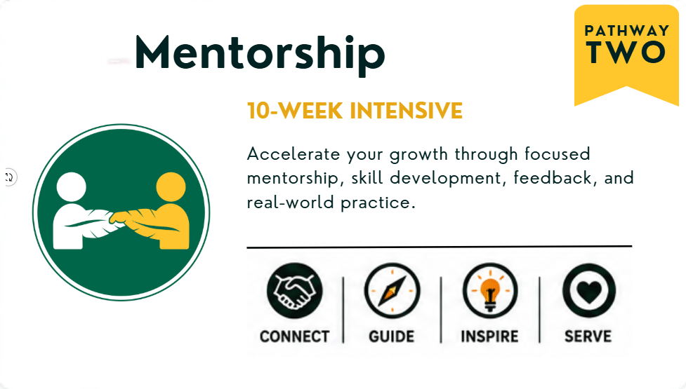 Pathway Two: Mentorship. 10-week intensive. Accelerate your growth through focused mentorship, skill development, feedback, and real-world practice.