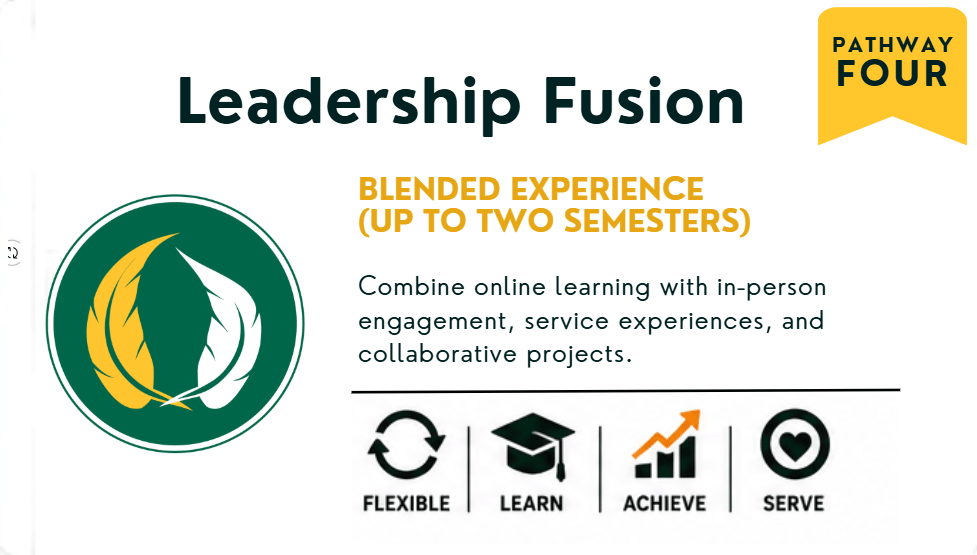 Pathway Four: Leadership Fusion. Blended experience up to two semesters. Combine online learning with in-person engagement, service experiences, and collaborative projects.