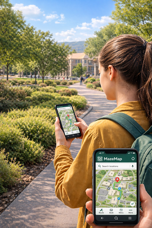 Student using a smartphone to navigate a Yavapai College campus map