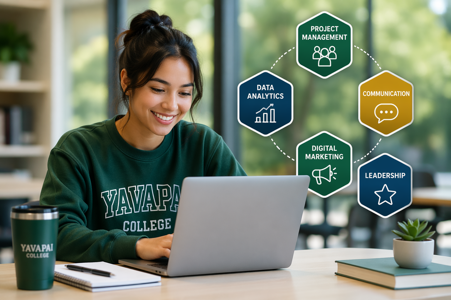 Student exploring Yavapai College digital badges on a laptop