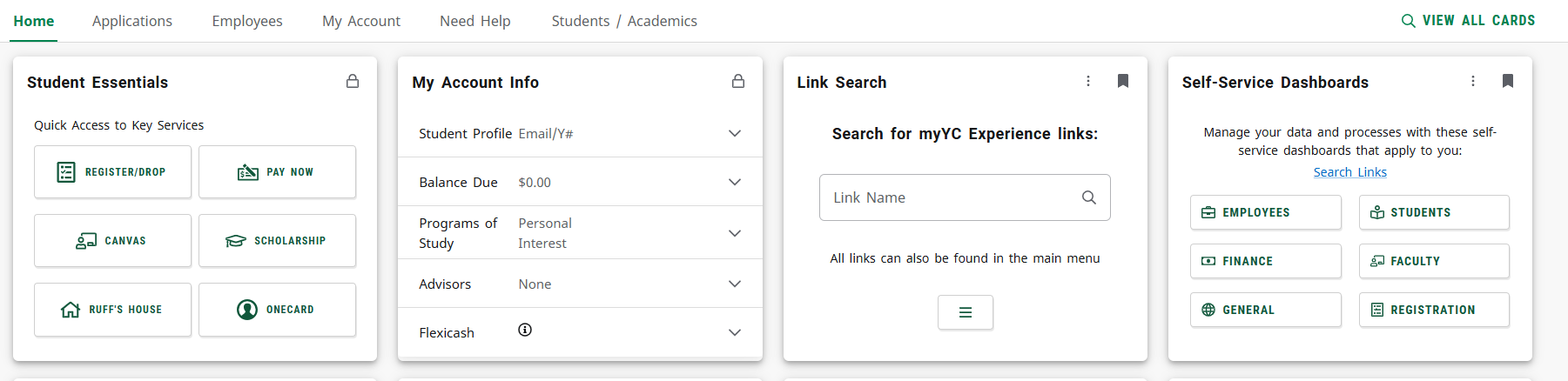 myYC Experience portal showing category navigation and personalized information cards
