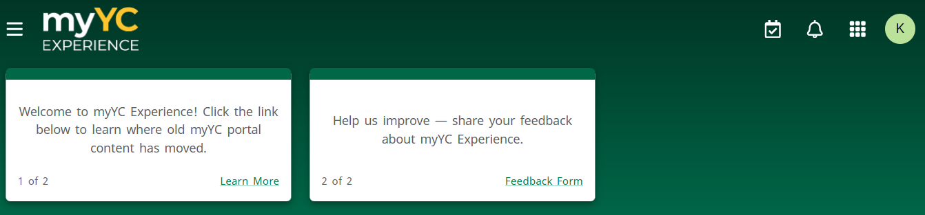 myYC Experience portal header showing the menu, calendar, notifications, and account controls