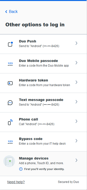 Screenshot: Duo prompt showing other options and Manage Devices