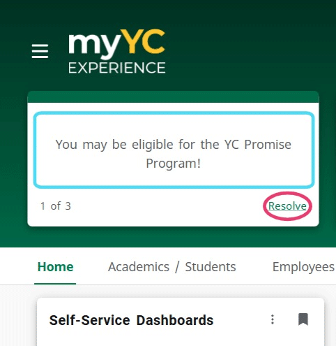 myYC Experience portal showing the YC Promise Program notice with the Resolve button highlighted