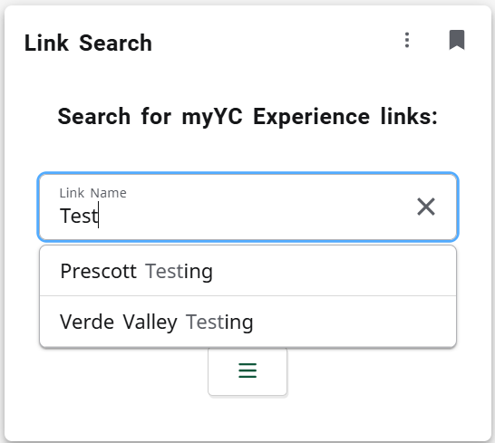 myYC Experience portal Link Search for Testing services links